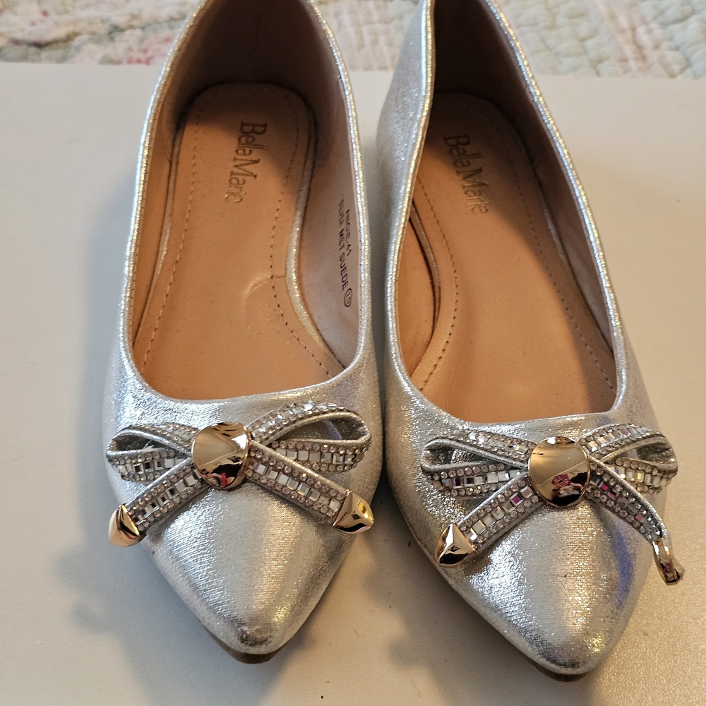 Bella Marie Metallic Silver Flats with Bow Detail
